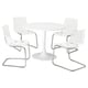 DOCKSTA: white 4-seat round dining set, sleek chrome legs, transparent plastic chairs.