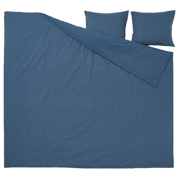 DOFTAKLEJA duvet set, dark blue, 100% cotton, with stitched check & striped patterns.