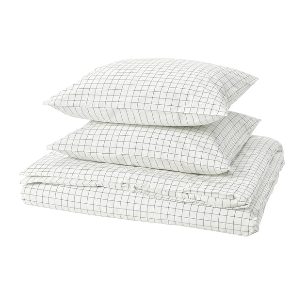 Stacked white & grey checked bedding set, featuring a duvet cover and pillows with a stitched pattern.