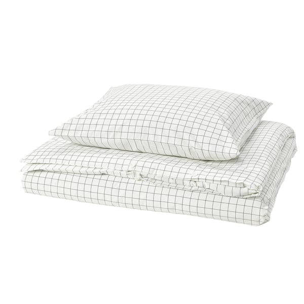 A DOFTAKLEJA duvet cover, white with anthracite check pattern, made of cotton, rectangular, with stitched details.