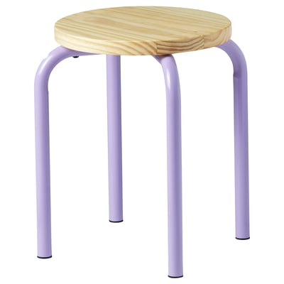 IKEA DOMSTEN stool, light purple, round wooden seat, four curved legs.