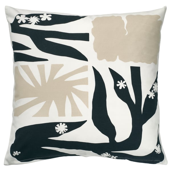 DRABOR cushion, graphic flower cut-outs on white, recycled cotton.
