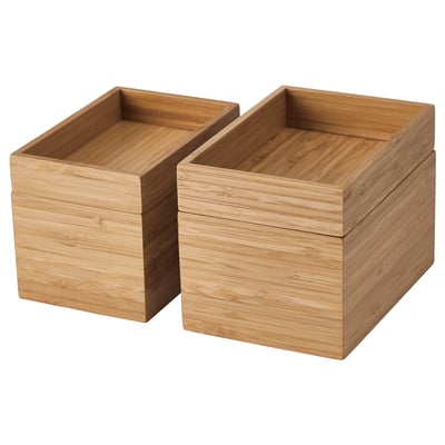 Two light brown bamboo wooden boxes, rectangular, with smooth surfaces and open tops.