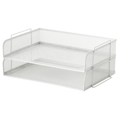 A white metal mesh DRÖNJÖNS letter tray with two levels for organising papers and documents.