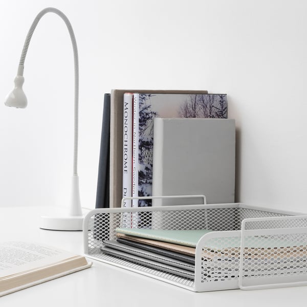 DRÖNJÖNS white metal desk organizer with 2-tier letter trays holds books and papers neatly.