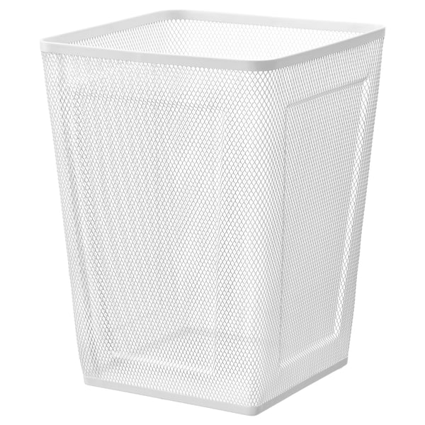 White wire waste basket with diamond pattern and felt base.