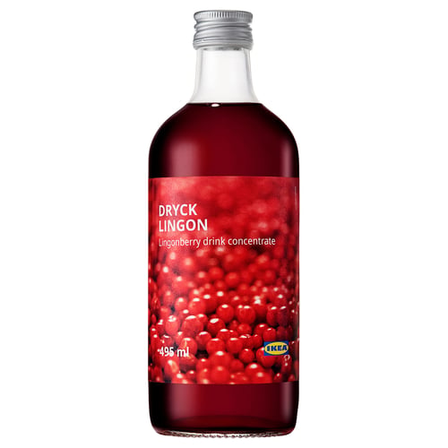 Bottle of red lingonberry drink concentrate by IKEA. Clear glass, silver cap, bright label with berries.