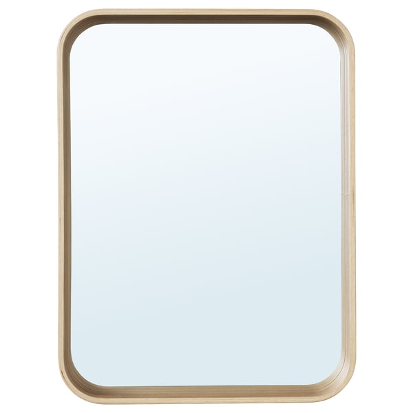 A rectangular mirror named DVÄRGSYREN with a light oak frame, designed to hang vertically or horizontally, featuring a shelf for storage.