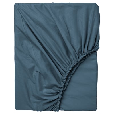 A blue DVALA fitted sheet. Its rectangular with elastic edges for a secure fit on a bed.