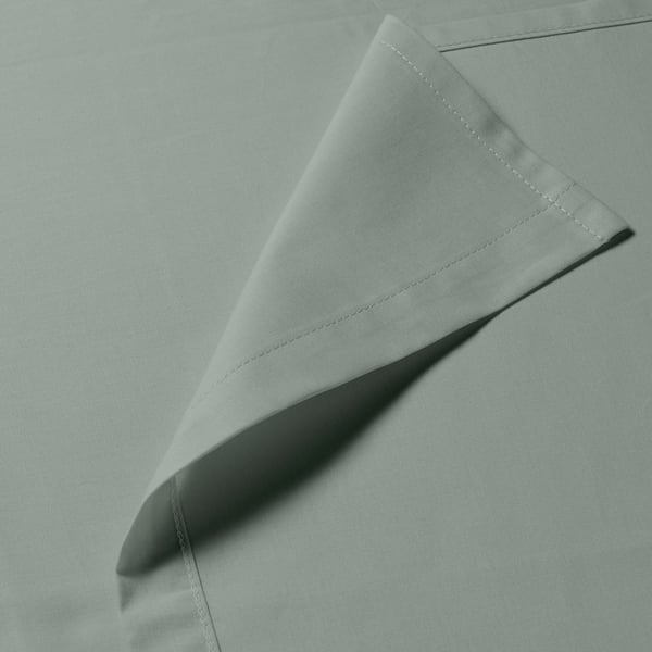 Folded grey-green cotton sheet shown, highlighting its smooth, even stitching, and crisp, high-quality fabric.