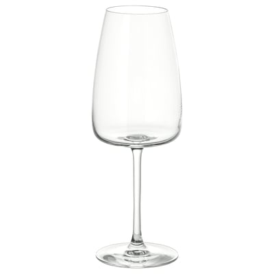 Clear, elongated wine glass with shiny, crystal-clear glass, reflecting light beautifully.