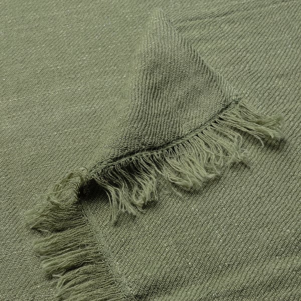 Soft, grey-green throw with delicate fringes at ends, showcasing quality linen-cotton blend.
