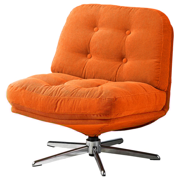 Orange DYVLINGE swivel chair with ribbed seat, chrome star base, five legs.