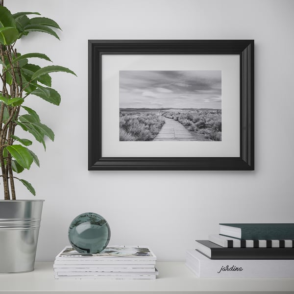 A black-framed a rural landscape hangs on a wall, bordered by a potted plant and stacked books.