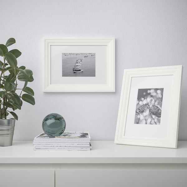 White shelf with two photo frames, one showing a boat, the other an insect. Beside a plant and a decorative sphere.