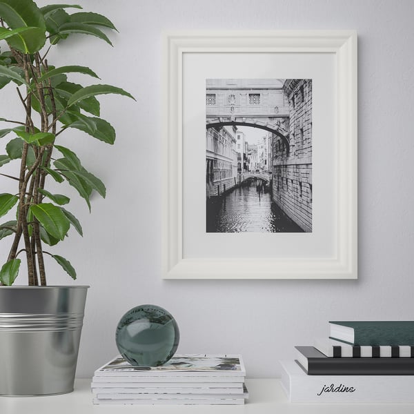 Black & white canal bridge print, books, plant, sphere.