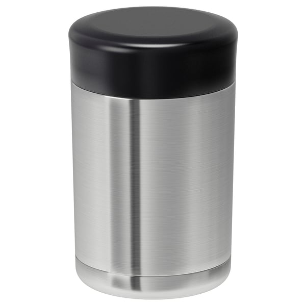 EFTERFRÅGAD vacuum flask, black lid, stainless steel body, cylindrical shape, durable metal.