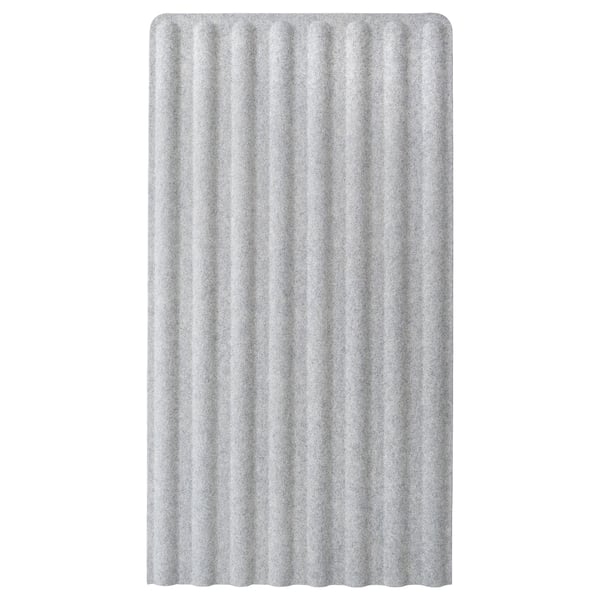 A grey EILIF office screen, rectangular, with horizontal lines and made of recycled polyester fabric.