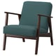 Teal fabric vintage-style armchair with dark brown wood frame, slanted back, and wooden arms.