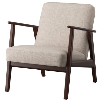 Ekenaset armchair in beige fabric. Mid-century design with wooden legs and arms. Comfortable, retro style.
