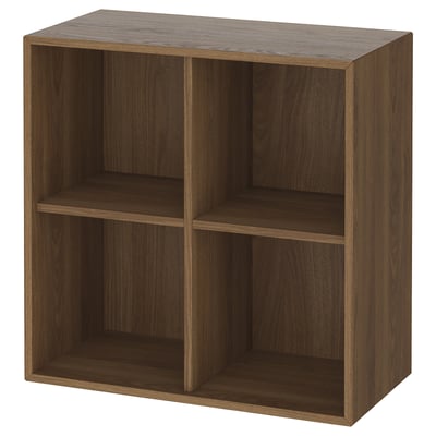 EKET: dark wood cube shelf, 4 compartments, minimalist design, wall-mountable.