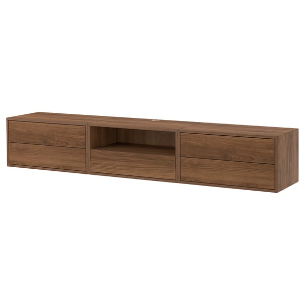 Brown wooden wall-mounted storage unit with two drawers and an open shelf.