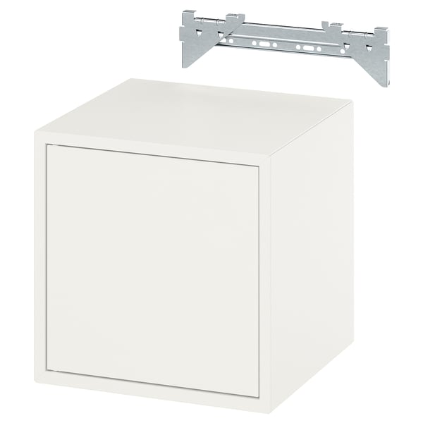 White EKET cube storage with wall bracket, minimalist design.