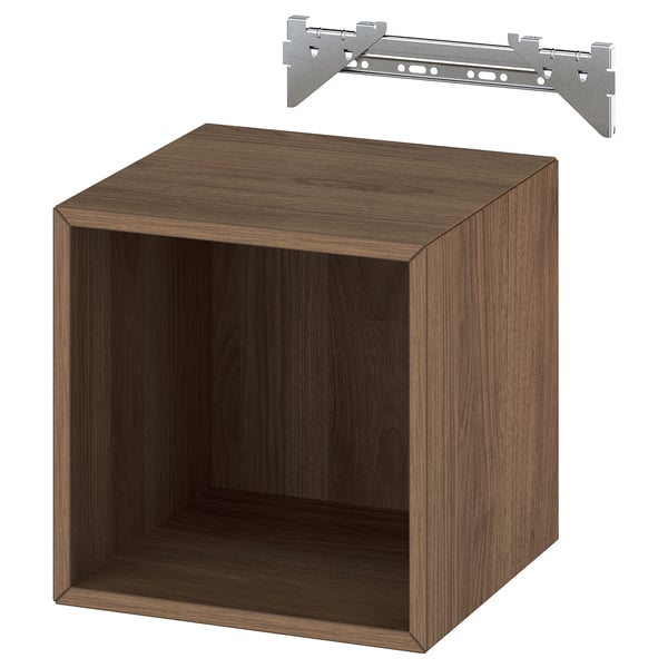 Wall-mounted wooden storage cube, brown, with metal rail.