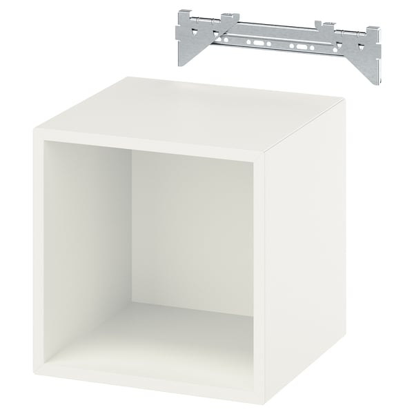 White EKET cube storage, metal rail mount.