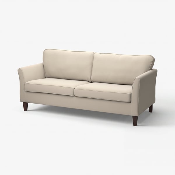 EKHOLMA beige sofa, modern design, fabric cover, neutral colour, smooth texture, two cushions.