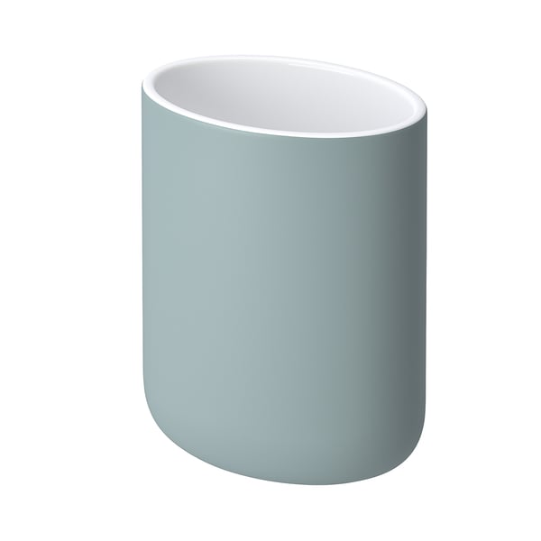 A slim, light blue, cylindrical toothbrush holder with smooth curves and a white interior. Made of stoneware, coloured glaze, and polyurethane paint.