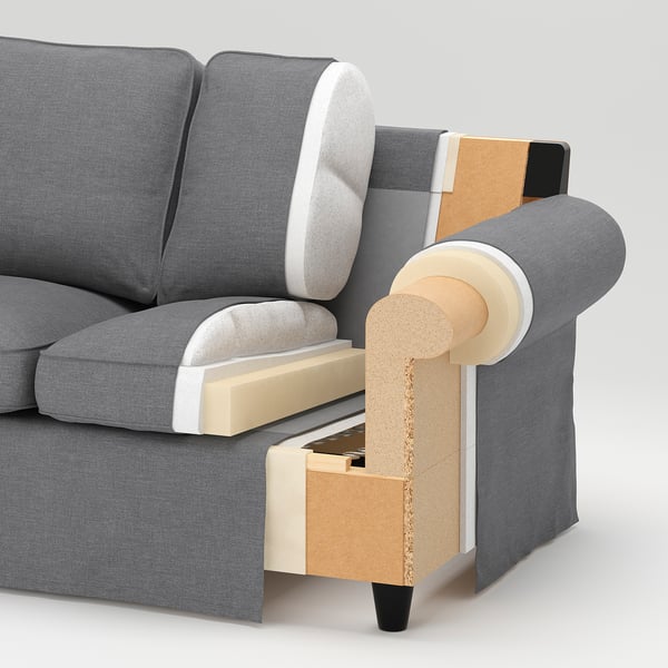Image depicts a cutaway of a couch, showing layers: fabric cover, foam, and internal support, highlighting design and materials.