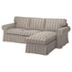 EKTORP sofa: beige-gray striped, l-shaped, comfy, luxurious design with reversible cushions.