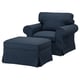 Ecorp blue armchair & ottoman, plush with dark denim-like fabric, cozy & comfortable.