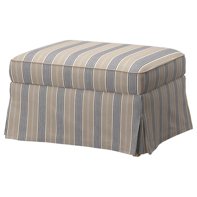 Striped beige & blue ottoman with pleated design, rectangular shape, EKTORP series.