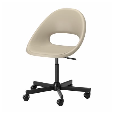 Beige ELDBERGET desk chair, curved & supportive design, adjustable height, 5 caster wheels.