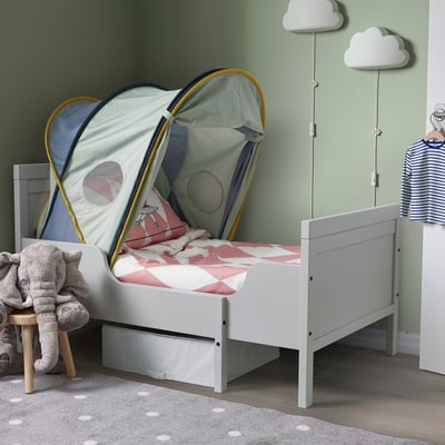 Childrens bed tent ELDFLUGA: white, mesh sides, fits 70-90cm mattresses, creates cosy, private sleeping space.