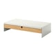 A white and bamboo monitor stand with storage. Its rectangular, has a clean design, and perfect for keeping desks tidy.