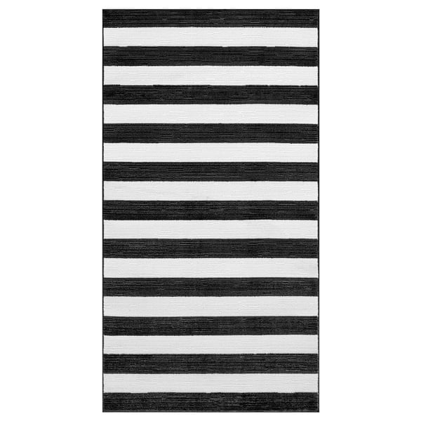 A black and white striped rug named ELSYSTEM, featuring a woven design with a soft, low pile, ideal for bedrooms or hallways.