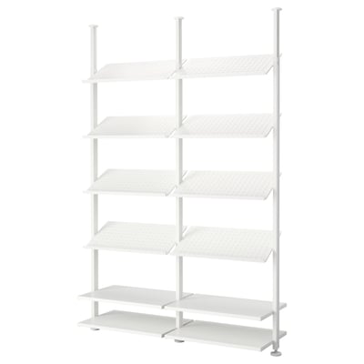 A white ELVARLI storage unit with adjustable modular shelves and posts, ideal for organizing various items.