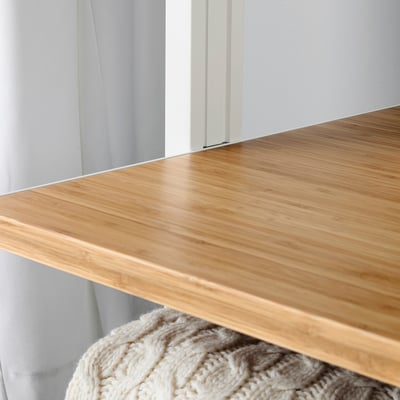 Bamboo shelf snapped into metal frame, easy instal, natural meets modern.