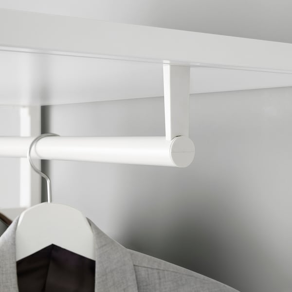 A white hanging rod from the ELVARLI system, featuring a hook for clothes and a jacket hanger.