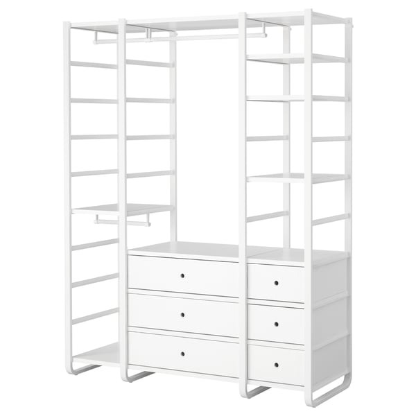 White ELVARLI modular storage system with shelves and drawers for versatile organization.