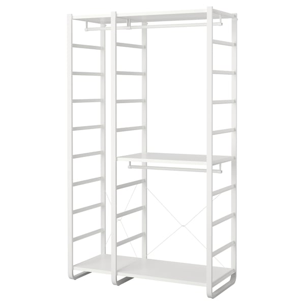 A white ELVARLI storage system with adjustable shelves and clothes rails, made of metal and particle board, designed for customizable open storage.
