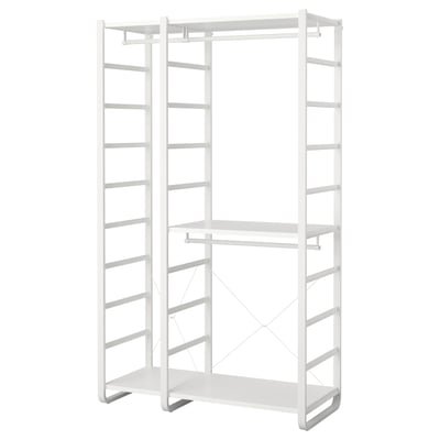 A white ELVARLI storage system with adjustable shelves and clothes rails, made of metal and particle board, designed for customizable open storage.