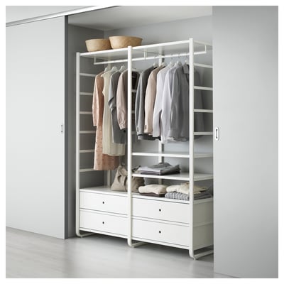 ELVARLI storage system with shelves and hanging rails, neatly organising clothes in a minimalist design.