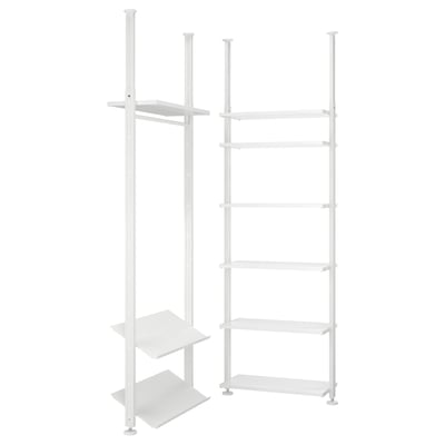 Two tall white ELVARLI storage units, one with shelves, the other with clothes rail and shelves. Modern, modular design, white.
