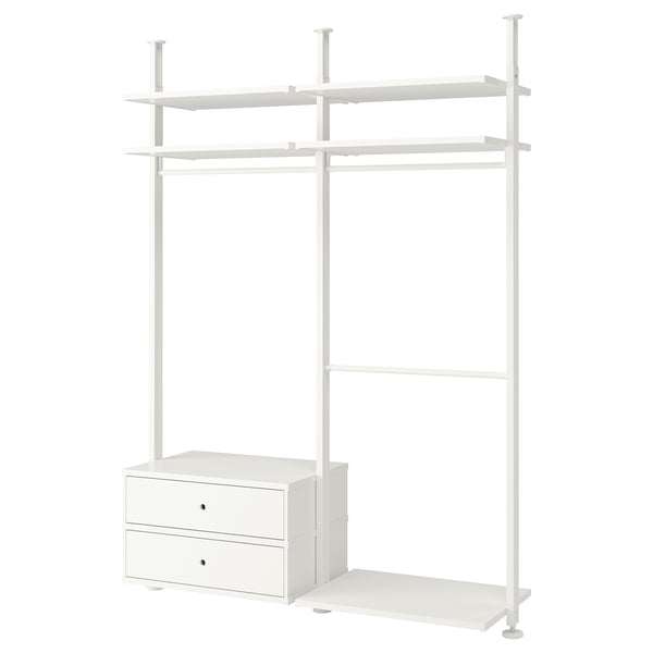 A white ELVARLI storage system with shelves, drawers, and a clothes rail.