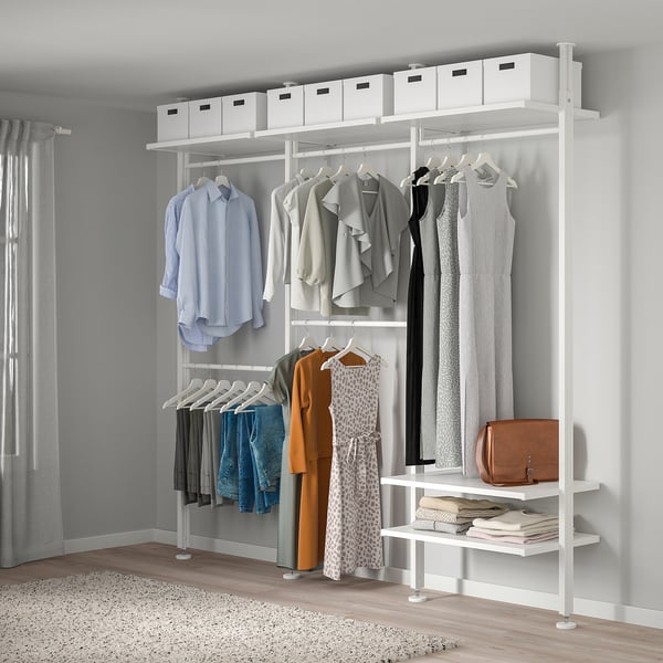 ELVARLI white wardrobe with clothes & boxes. Tall, slim, organised.