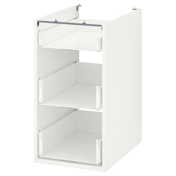 White ENHET storage cabinet, three open shelves. Minimalist design, metallic brackets.